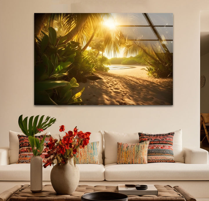 Golden Forest Beach Wall Art – Tropical Palm Tree Pathway Glass Print for Tranquil Nature-Inspired Decor