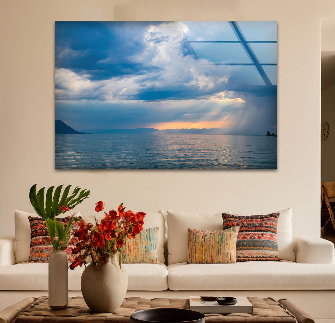 Stormy Ocean Sunset Wall Art – Moody Sea Glass Print with Sunlight Rays