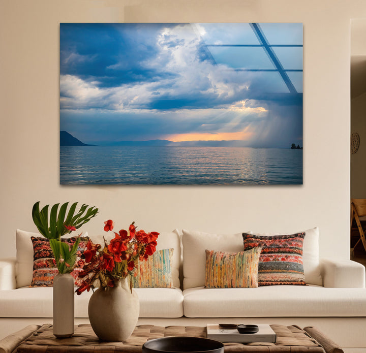 Stormy Ocean Sunset Wall Art – Moody Sea Glass Print with Sunlight Rays