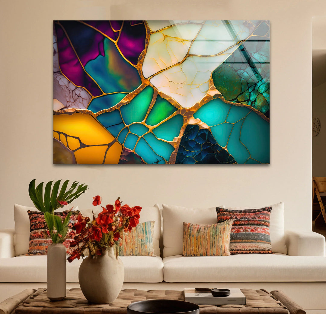 Colorful Abstract Stained Glass Wall Art – Golden Fractured Modern Glass Print - MyPhotoStation