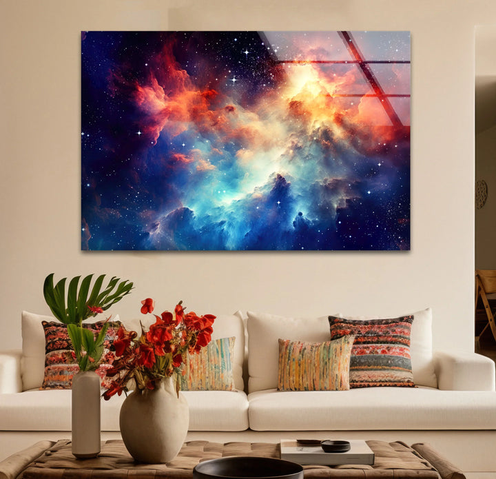 Nebula Galaxy Wall Art – Cosmic Cloud Glass Print with Vibrant Blue & Red Starburst for Futuristic Space-Inspired Decor - MyPhotoStation