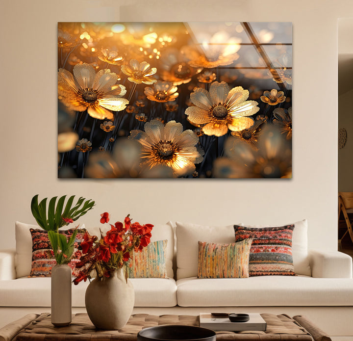 Goldene Gänseblümchenblüten-Wandkunst aus Glas – Strahlende florale Eleganz 