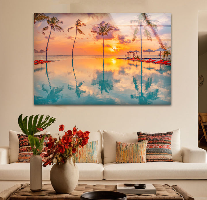 Luxury Tropical Sunset Wall Art – Infinity Pool & Palm Tree Glass Print for Coastal and Resort-Inspired Interiors
