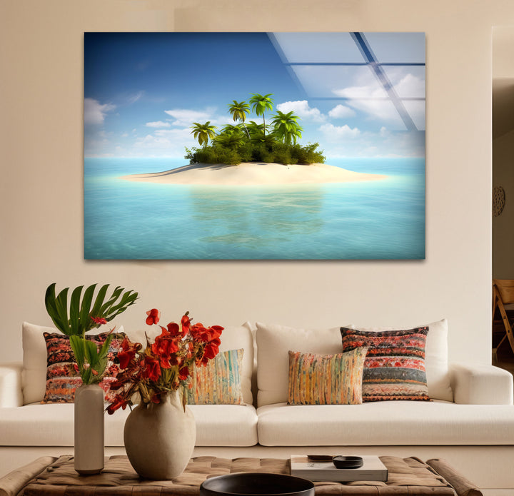 Tropical Island Escape Wall Art – Serene Beach Glass Print for Relaxing Interiors