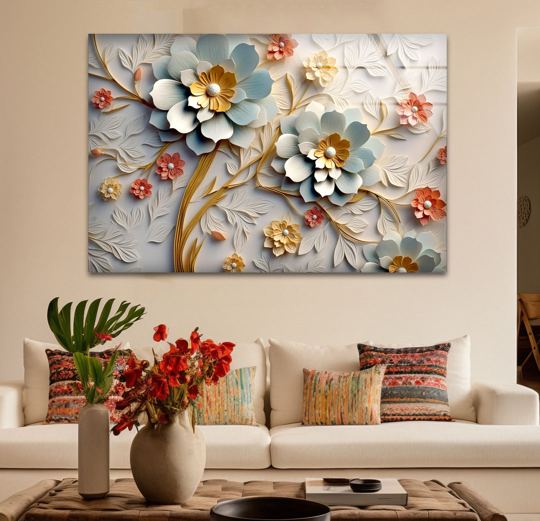 3D-Wandkunst mit blühenden Blumen – Eleganter Blumendruck aus geprägtem Glas 