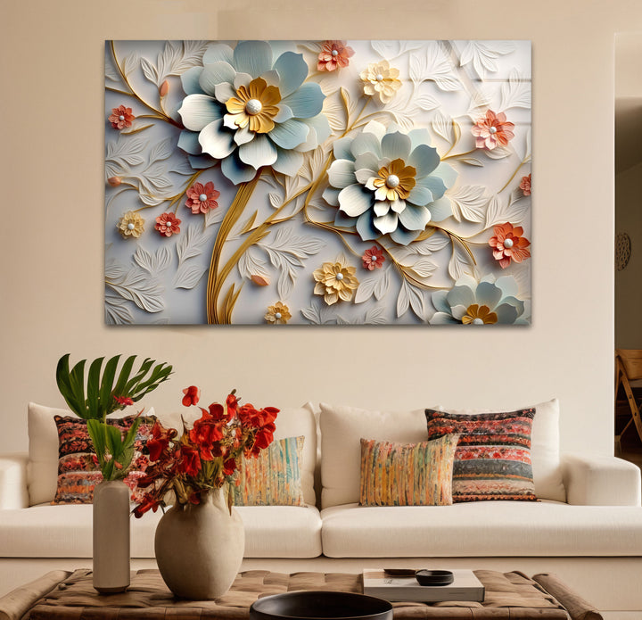 3D-Wandkunst mit blühenden Blumen – Eleganter Blumendruck aus geprägtem Glas 