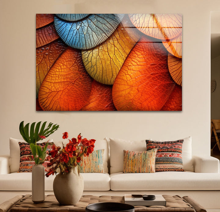 Bunte Blatttextur-Wandkunst – Abstrakter Natur-Glasdruck für moderne Innenräume