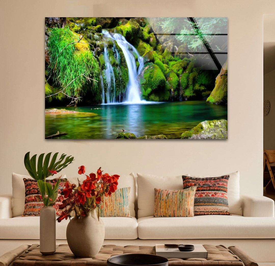Forest Waterfall Wall Art – Serene Glass Landscape Print with Lush Green Moss and Crystal Clear Stream for Nature-Inspired Interiors - MyPhotoStation