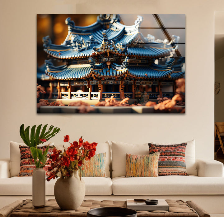 Traditional Asian Temple Wall Art – Blue Pagoda Architecture Glass Print for Cultural Decor