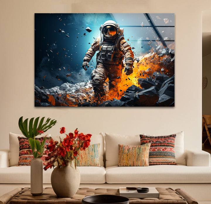 Explodierende Astronauten-Wandkunst – Weltraum-Feuer- und Steinglasdruck für mutige Innenräume