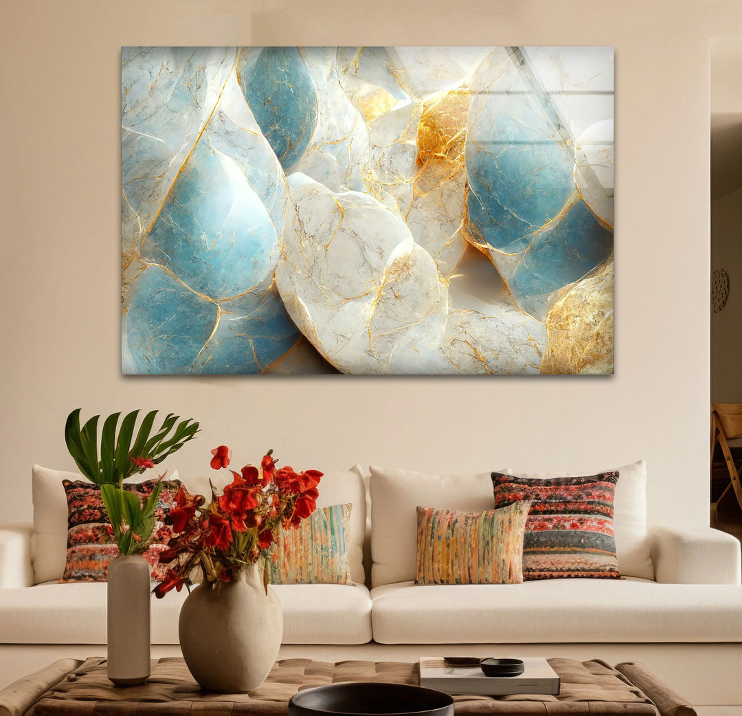Blue White Marble Wall Art – Elegant Stone Glass Print with Gold Veining for Modern Luxury Interior Decor - MyPhotoStation