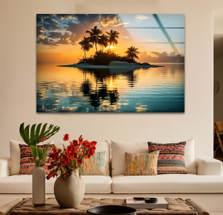 Tropical Island Sunset Wall Art – Serene Beach Glass Print for Relaxing Interiors