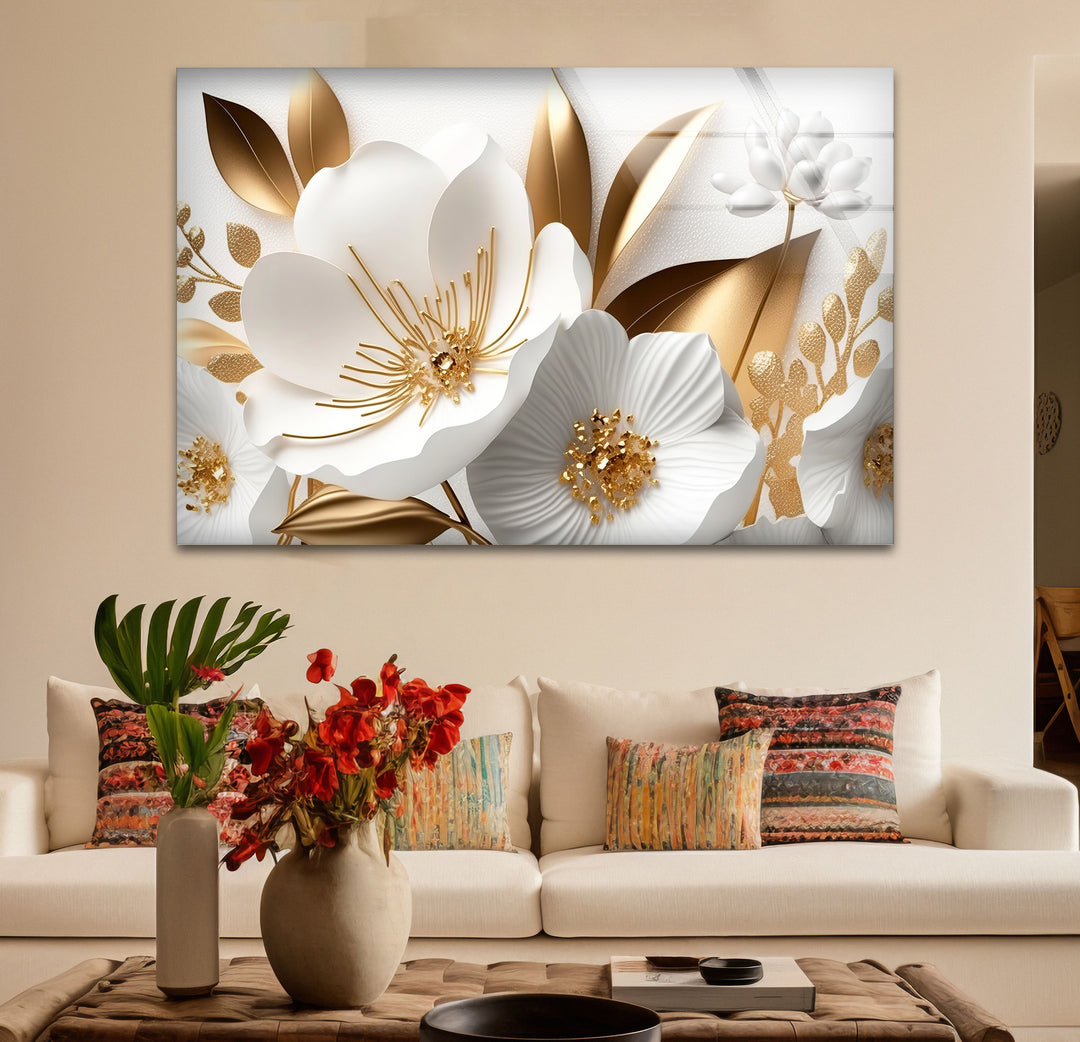 Elegant White and Gold Floral Wall Art – Luxury Botanical Glass Print for Sophisticated Decor