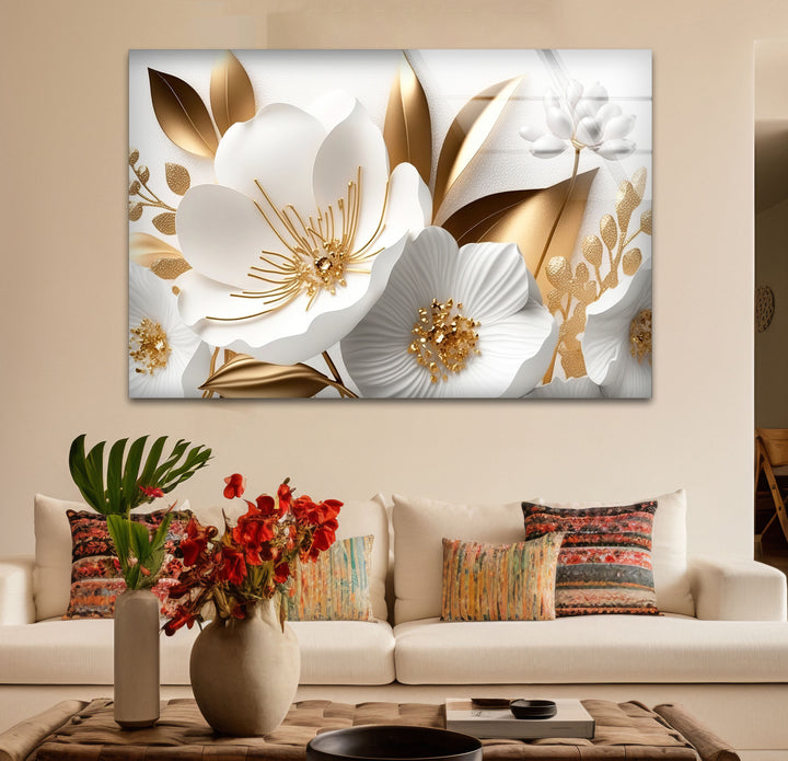 Elegant White and Gold Floral Wall Art – Luxury Botanical Glass Print for Sophisticated Decor