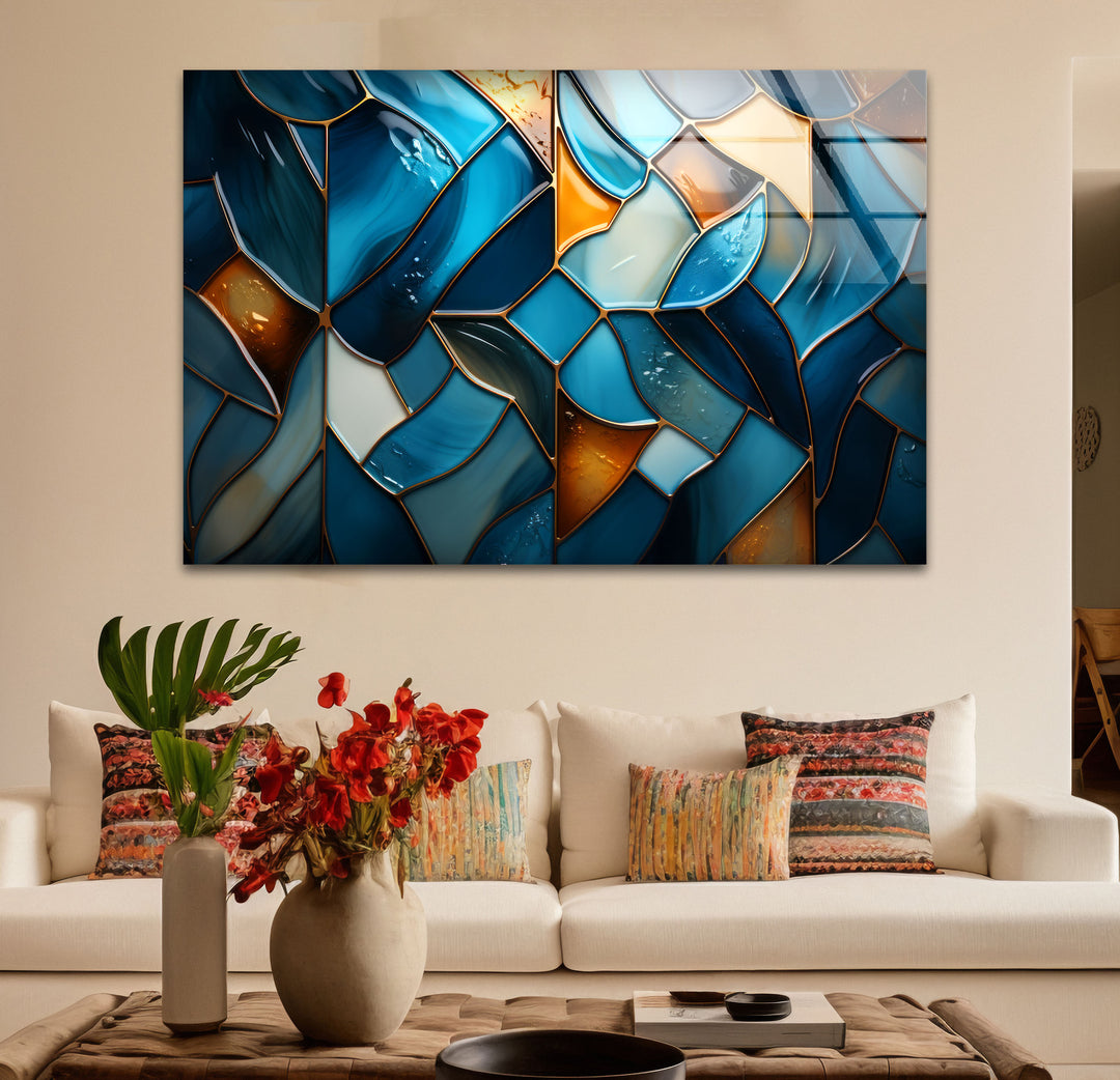 Blue Stained Glass Wall Art – Abstract Mosaic Glass Print Decor