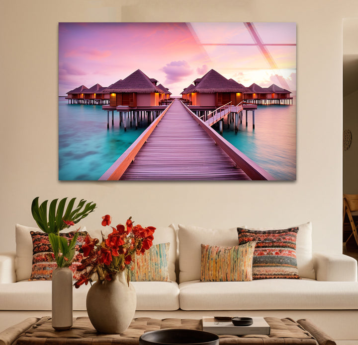 Maldives Sunset Resort Wall Art – Tropical Overwater Bungalows Glass Print Decor