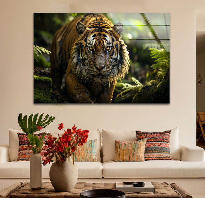 Wilder Tigerblick Wandkunst – Wildes Dschungel-Raubtier-Glasdruck-Dekor
