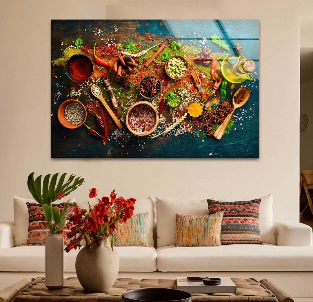 Warm color temperature illuminates the colorful spices and herbs in this rustic kitchen glass print, a vibrant home decoration for culinary spaces.