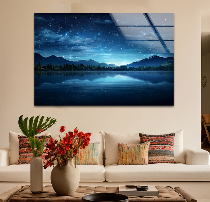 Starry Night Lake Wall Art – Tranquil Mountain Reflection Glass Print for Interior Elegance