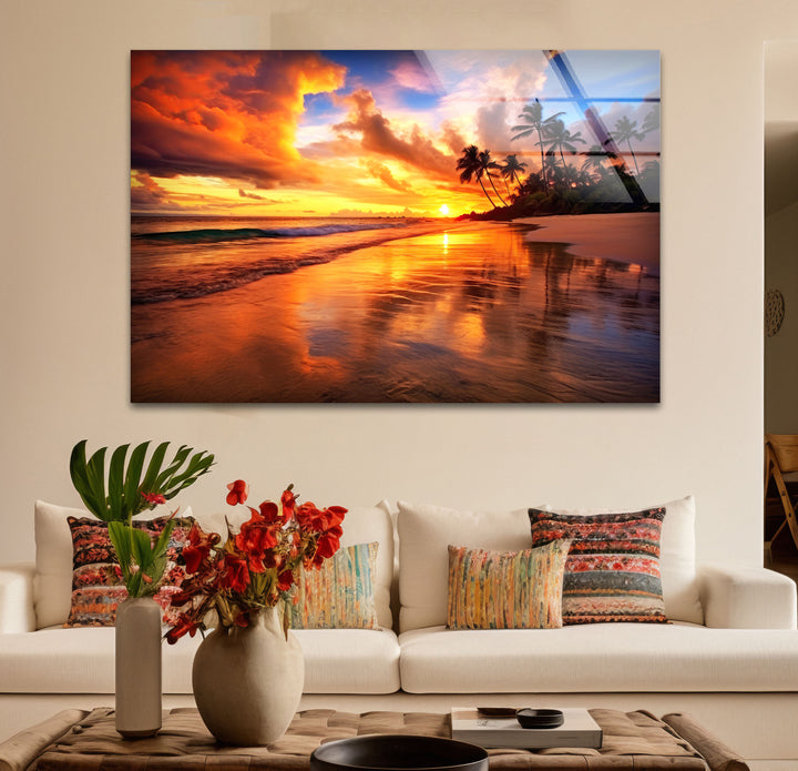 Fiery Tropical Sunset Wall Art – Vibrant Beach Reflection Glass Print for Bold Interiors