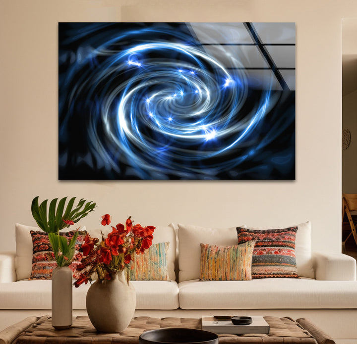 Spiralgalaxie-Wandkunst aus Glas – Blauer kosmischer Wirbel mit Sternenexplosionen