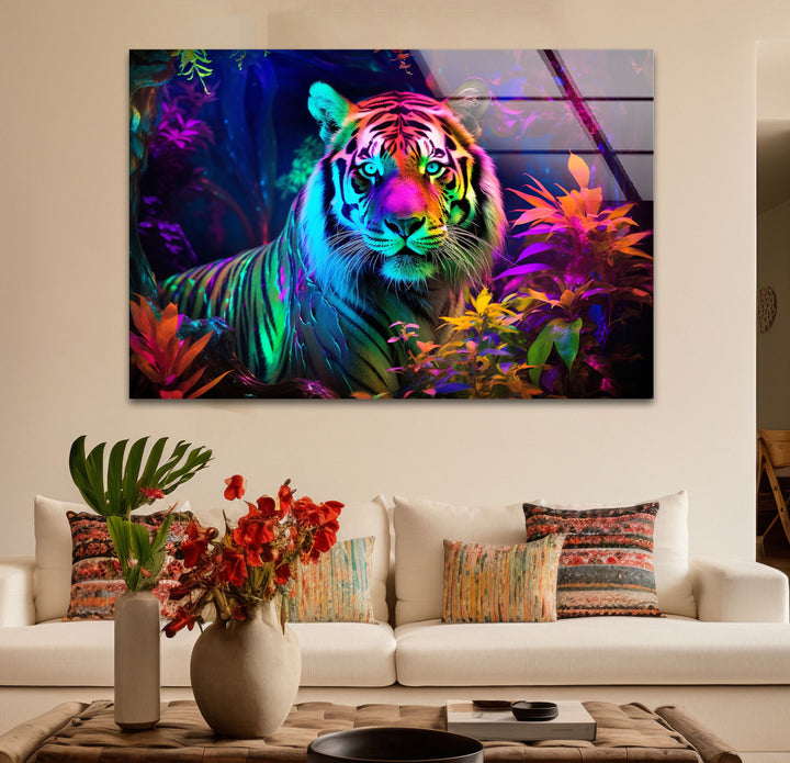 Neon Jungle Tiger Wandkunst – Lebendiger Wildlife-Glasdruck für mutige Innenräume