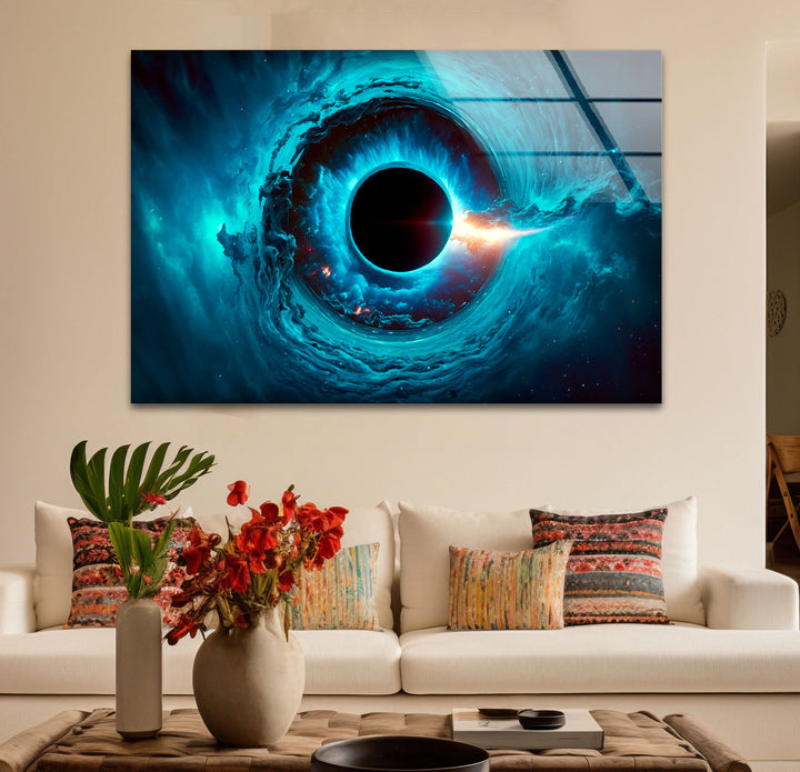 Wandkunst mit kosmischem schwarzen Loch – Blaues Wirbel-Galaxie-Glasdruckdekor 