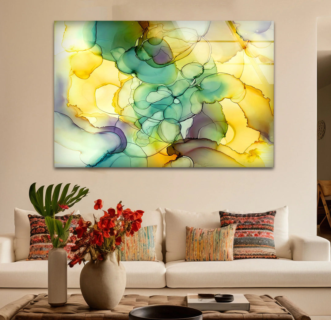 Yellow Green Abstract Wall Art – Modern Glass Print for Bright Interiors - MyPhotoStation