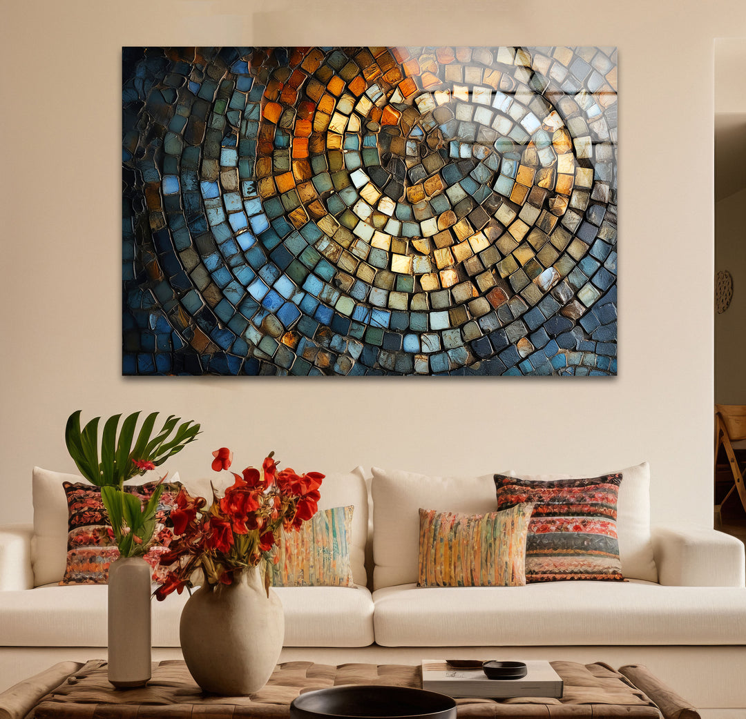 Rustikale Mosaik-Wandkunst – Abstraktes Spiraldesign aus Steinfliesen für moderne Innenräume