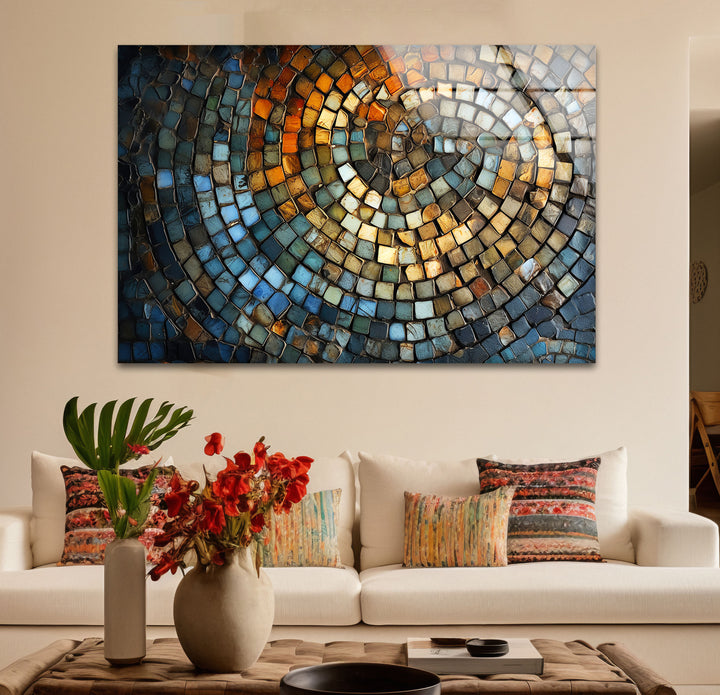 Rustikale Mosaik-Wandkunst – Abstraktes Spiraldesign aus Steinfliesen für moderne Innenräume