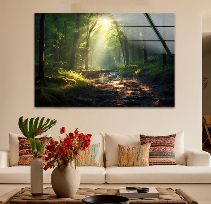 Sunlit Forest Stream Wall Art – Peaceful Nature Path Glass Print for Calming Decor