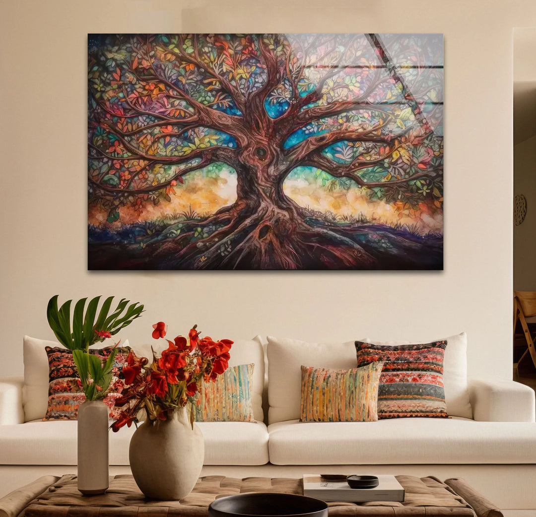 Enchanted Tree of Life Wall Art – Multicolor Fantasy Forest Glass Print - MyPhotoStation