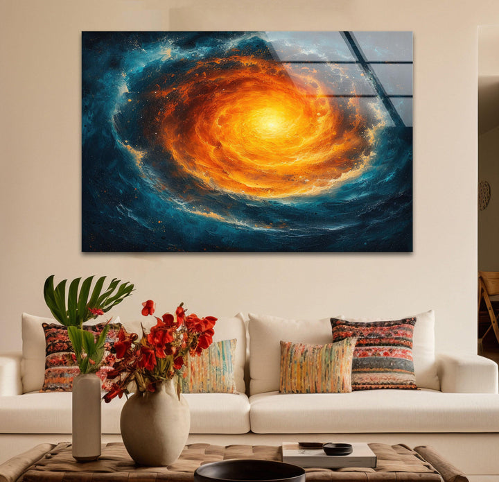 Abstrakte Glaswandkunst mit Spiralgalaxie