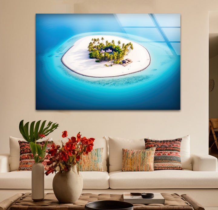 Tropical Island Wall Art – Aerial Beach Paradise Glass Print for Coastal Interiors