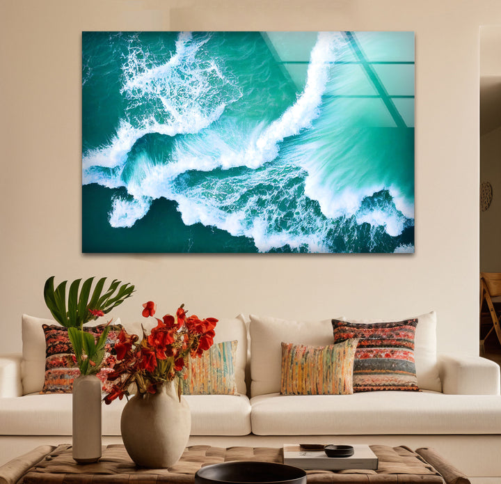 Ocean Wave Aerial Wall Art – Turquoise Sea Glass Print for Modern Decor