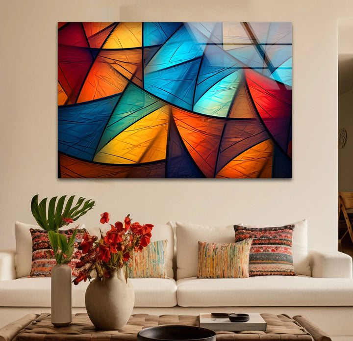 Colorful Abstract Geometric Glass Wall Art – Bold Triangle Pattern Decor - MyPhotoStation