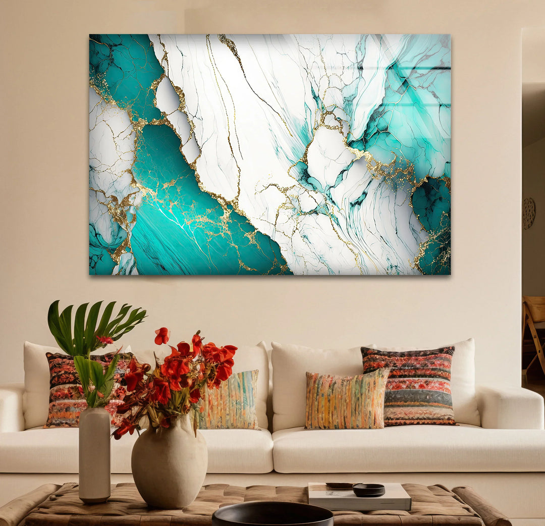 Teal and White Marble Wall Art – Luxury Abstract Glass Print with Gold Veins for Modern Interiors - MyPhotoStation