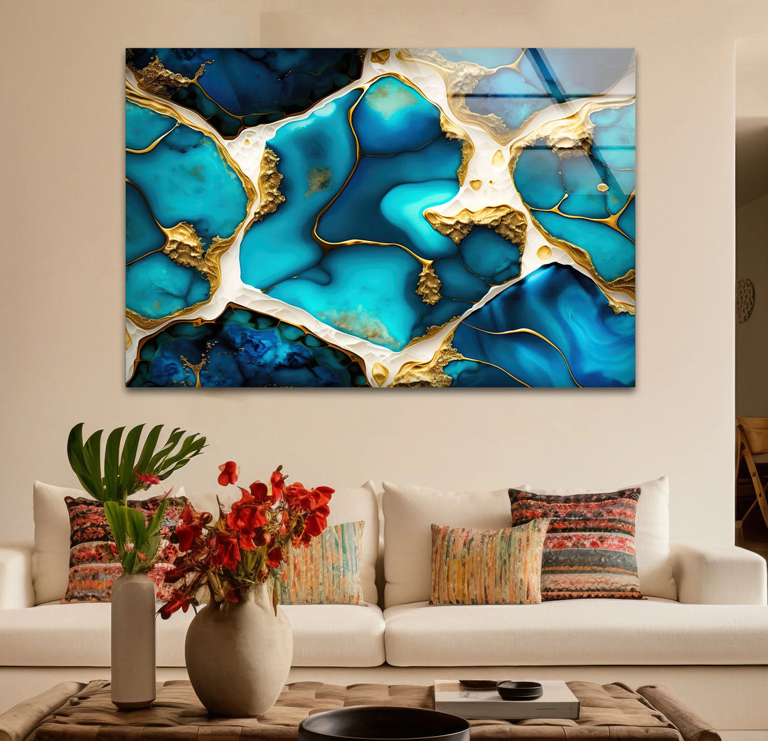 Turquoise Gold Abstract Wall Art – Luxurious Glass Print for Modern Interiors - MyPhotoStation