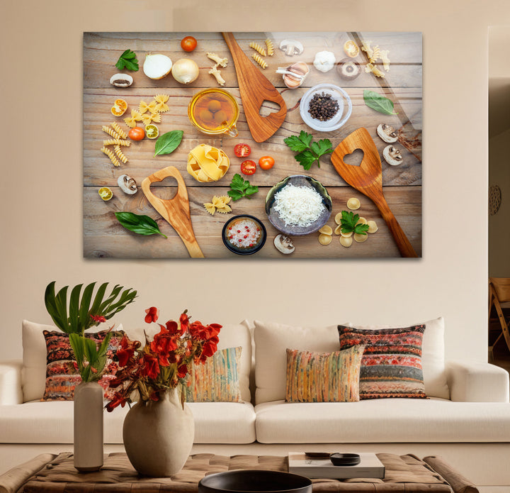 Rustic Italian Kitchen Wall Art – Culinary Glass Print Featuring Pasta, Spices & Wooden Utensils