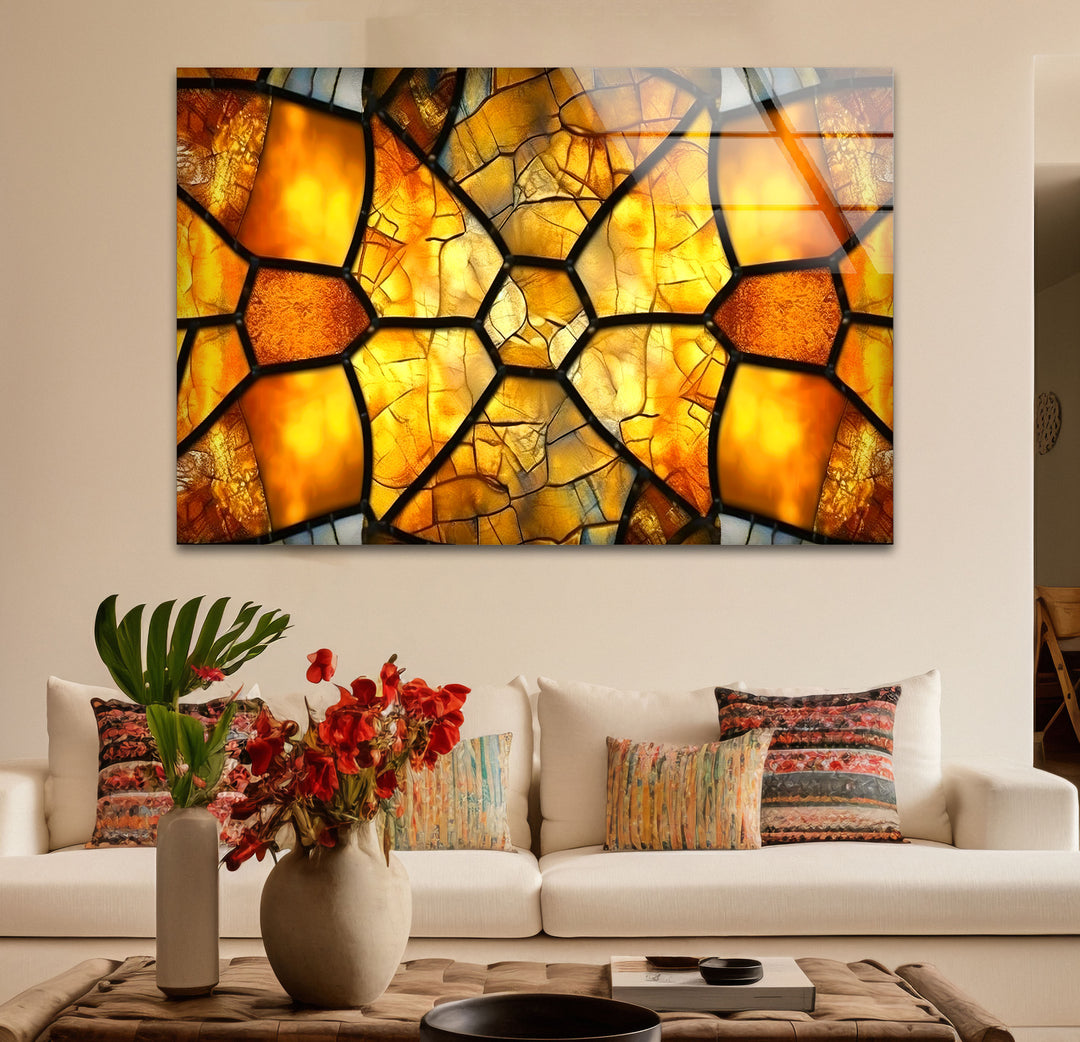 Golden Honeycomb Glass Wall Art – Amber Mosaic Geometric Decor