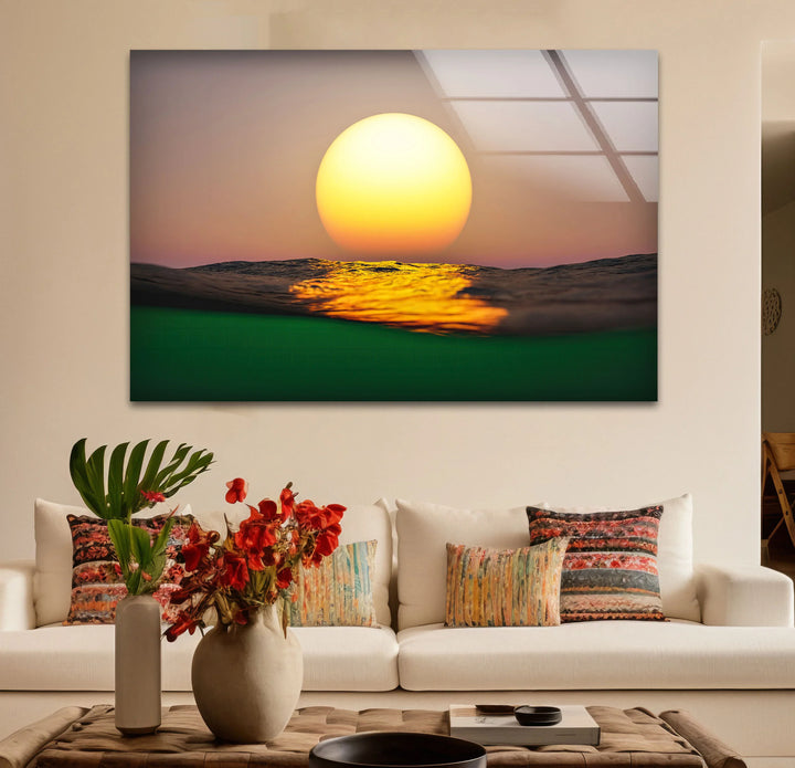 Golden Ocean Sunset Wall Art – Minimalist Sun over Water Glass Print for Modern Spaces - MyPhotoStation