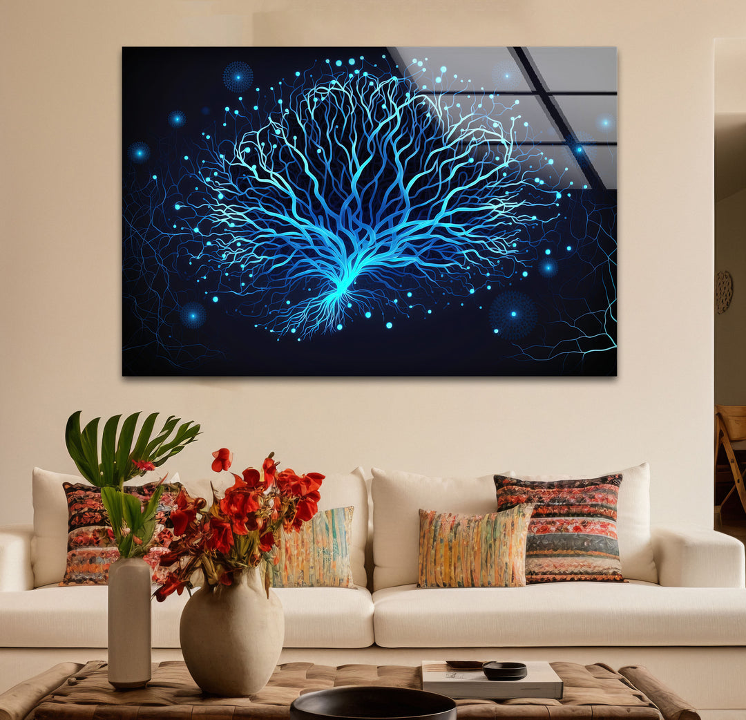 Neural Tree Wandkunst – Futuristischer blauer Nervenmuster-Glasdruck für elegante Innenräume