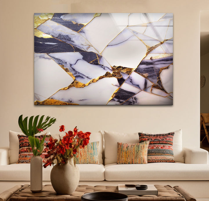 Geometric Marble Wall Art – Lux Gold Vein & Navy Cracked Stone Print for Modern Decor