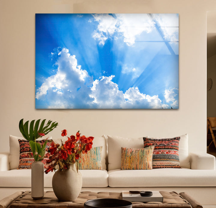 Heavenly Sky Light Rays Wall Art – Blue Cloudscape Glass Print for Uplifting Decor