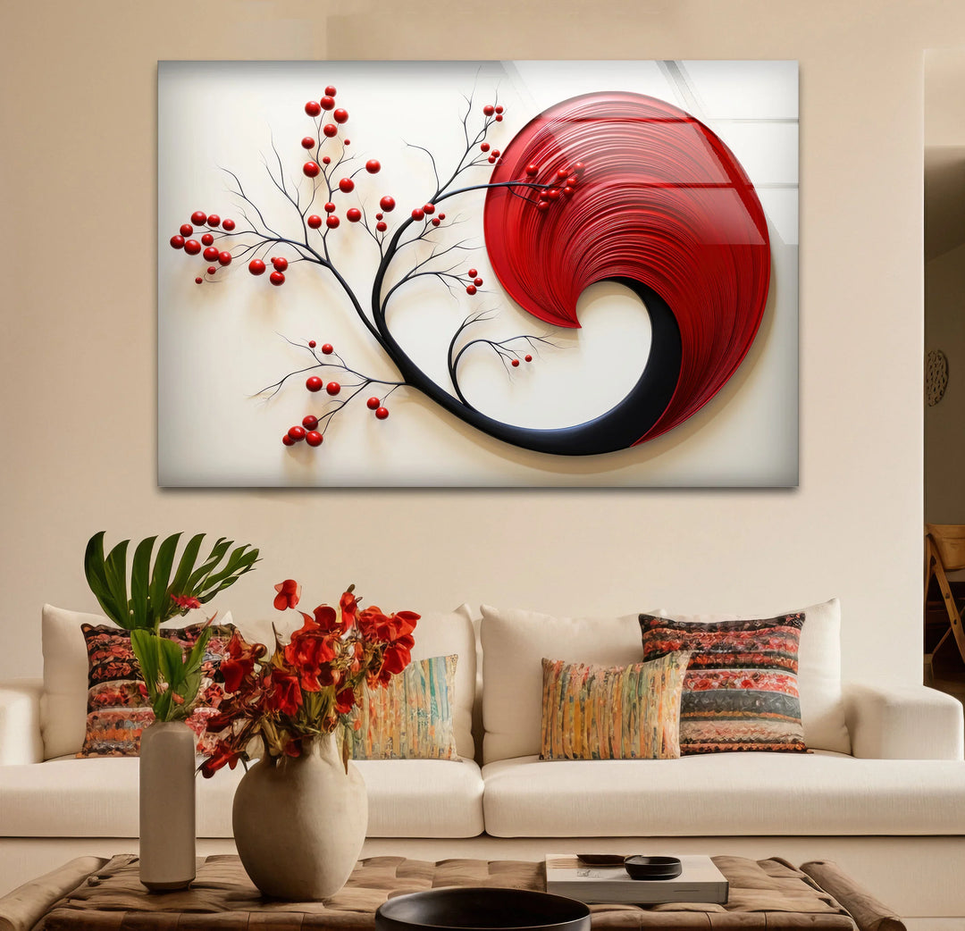 Red Abstract Botanical Wall Art – Modern Glass Decor with Cherry Elements - MyPhotoStation