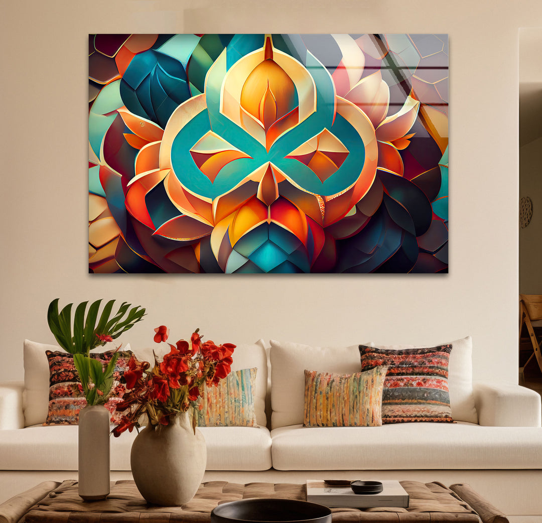 3D Geometric Mandala Glass Wall Art – Vibrant Abstract Lotus Design