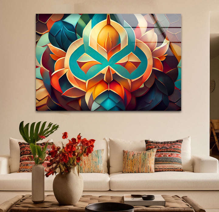 3D Geometric Mandala Glass Wall Art – Vibrant Abstract Lotus Design