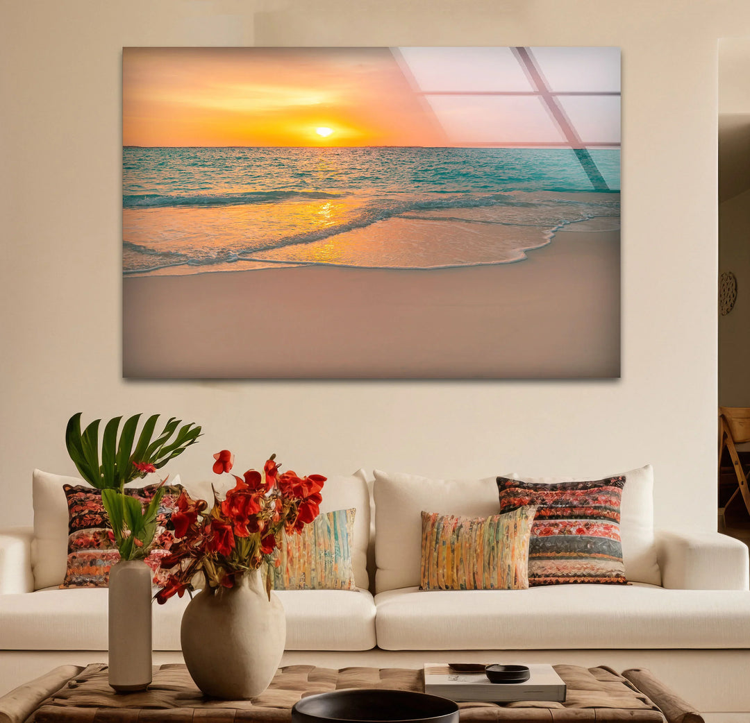 Tranquil Sunset Beach Wall Art – Coastal Ocean Waves with Soft Orange Glow - MyPhotoStation