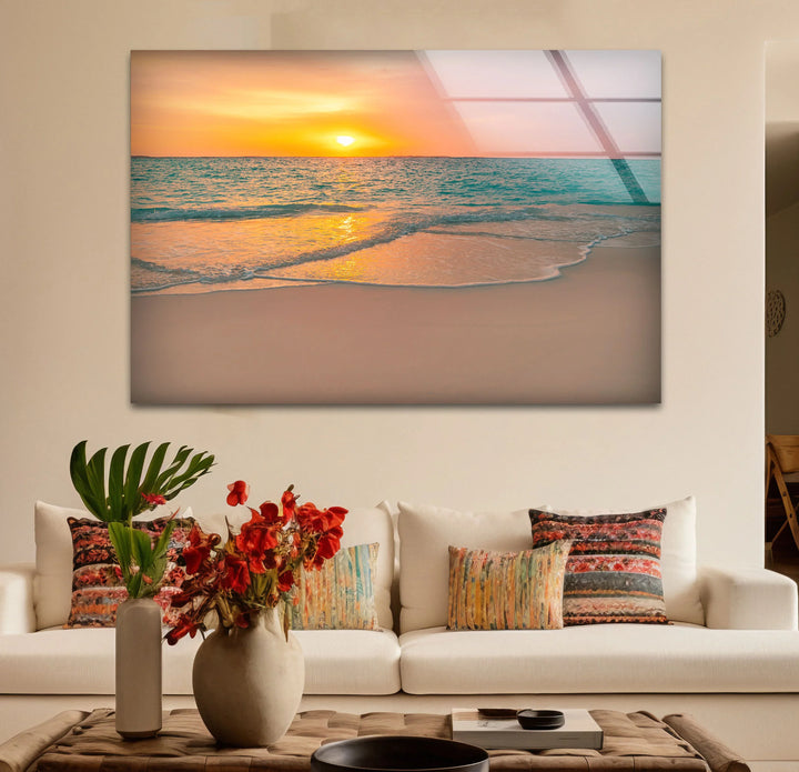 Tranquil Sunset Beach Wall Art – Coastal Ocean Waves with Soft Orange Glow - MyPhotoStation