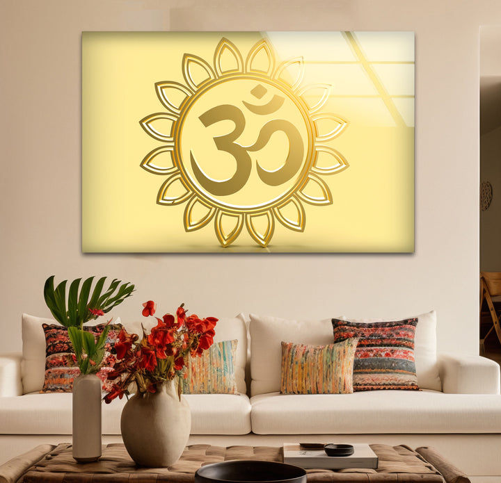 Goldenes Om-Symbol Wandkunst – Spirituelles Hindu-Dekor Glasdruck